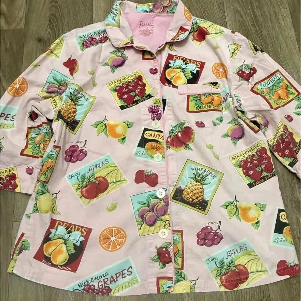 Nick & Nora Women Medium Cotton Pajama Top Shirt Fruit Print Button Up Sleepwear - Picture 1 of 9